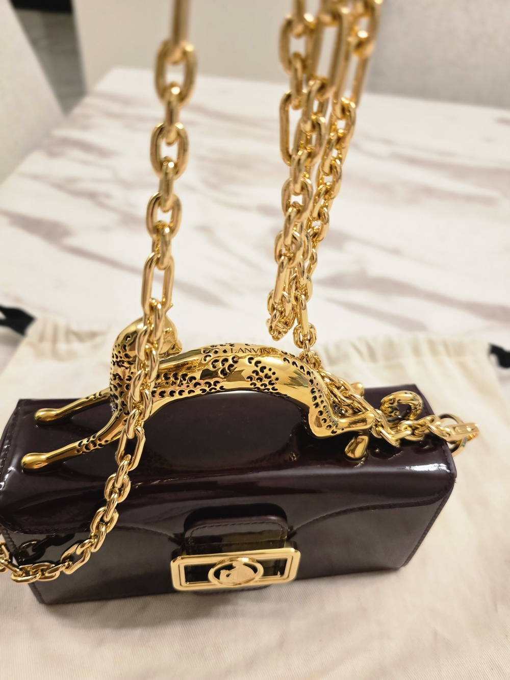 Lanvin Patent Mini Bag in Deep Plum with Gold Cat Handle - Picture 15 of 16